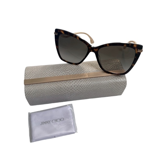 JIMMY CHOO Oversized Tortoise Sunglasses With Gold Curved Glittery Frame - Picture 2 of 7